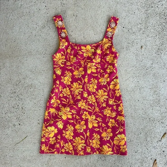 Zara Pink/Yellow Floral Knit Jeweled Shoulder Mini Dress Size Medium - Picture 9 of 15